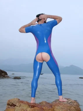 Latex Mens Open-Bum Short-Sleeved Catsuit with Codpiece