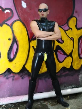 Latex Mens Sleeveless Codpiece Striped Catsuit